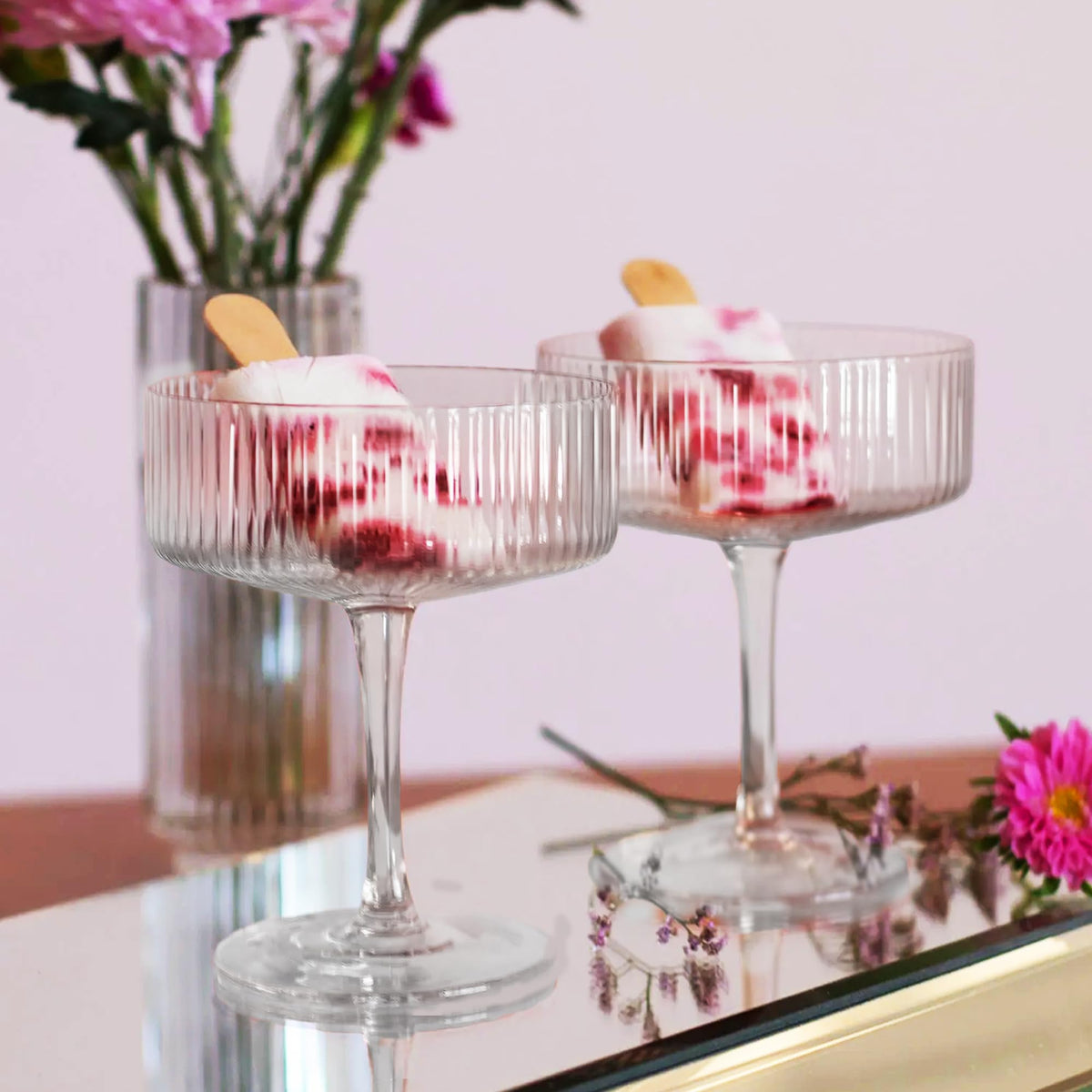 Ribbed Coupe Glasses Set of 6, 9 oz Crystal Cocktail Glassware B9336