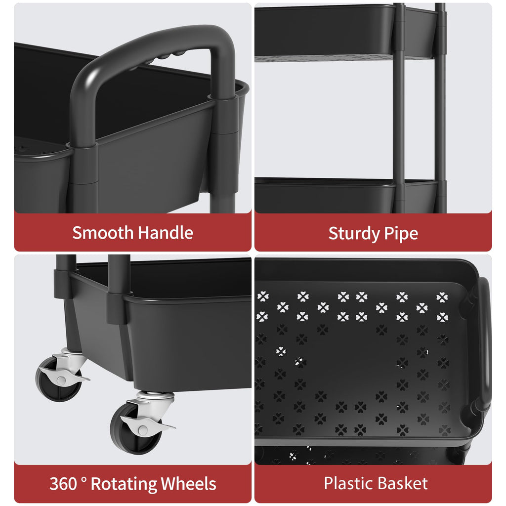 3-Tier Plastic Rolling Utility Cart with Wheels O177266