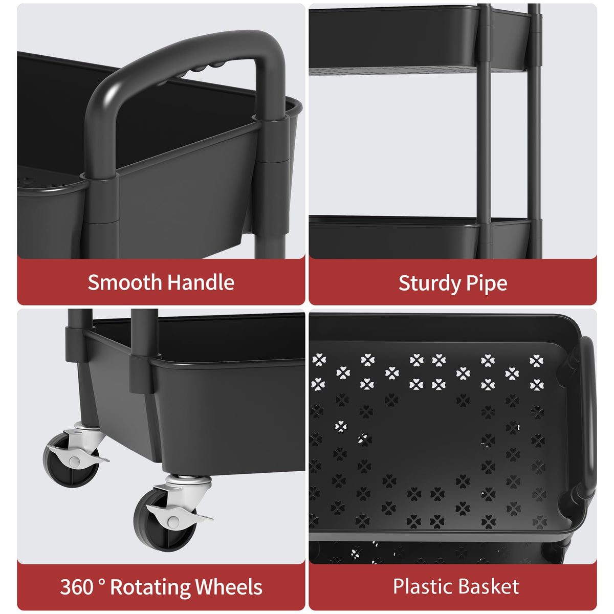 3-Tier Plastic Rolling Utility Cart with Wheels O177266