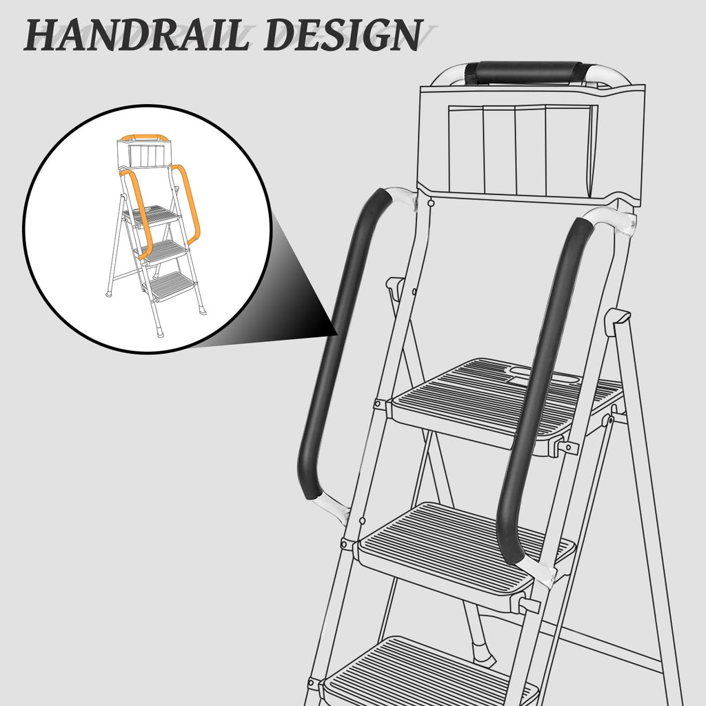 3 Step Folding Ladder with Handrails and Tool Bag, 500 lbs, Black E49046