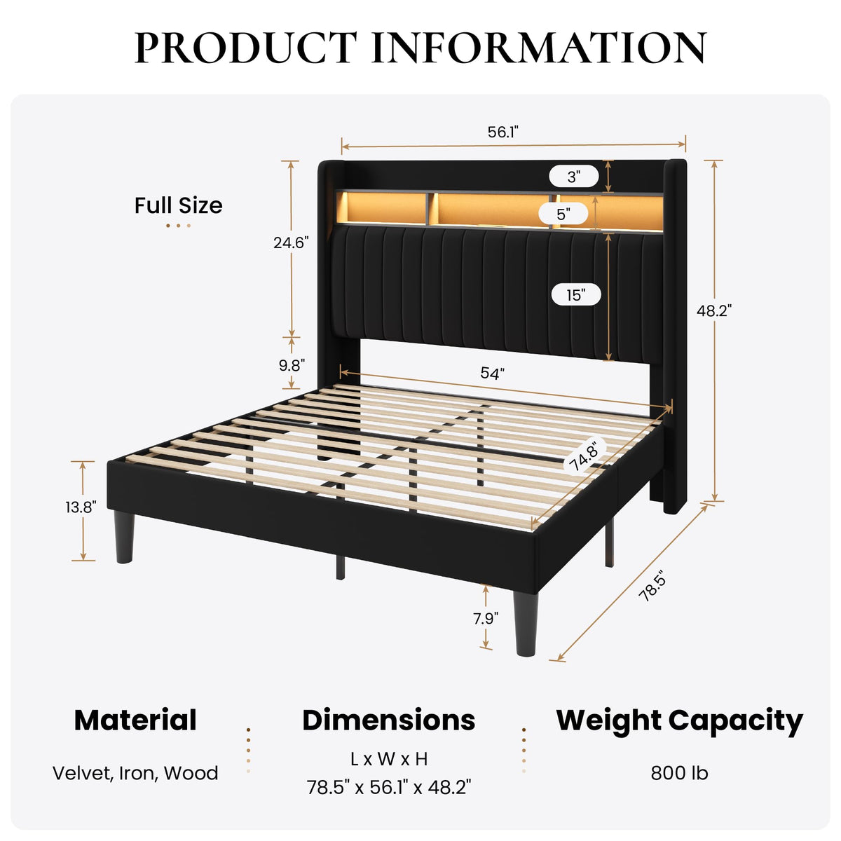 Full Size Velvet Upholstered Platform Bed Frame with Storage Shelf I7326