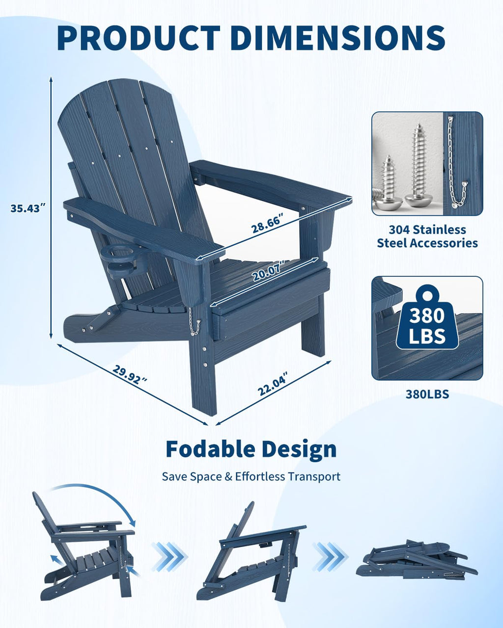 Navy Blue HDPE Folding Adirondack Chair Set of 6 with Cup Holder W3728