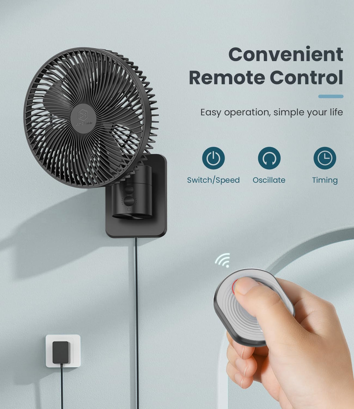 8 Inch Wall Mounted Fan with Remote Control, 4 Speeds, Black Y825