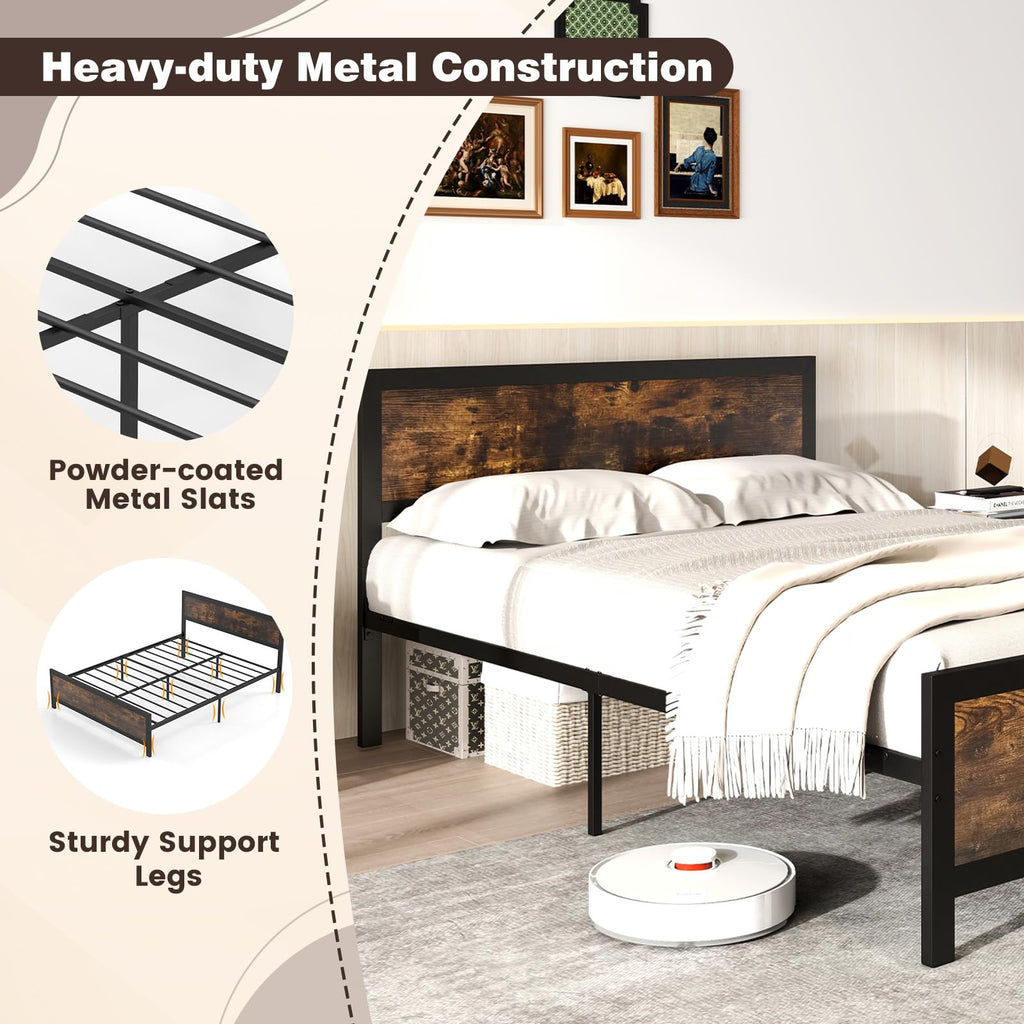 Metal Full Size Platform Bed Frame with Wood Headboard and Footboard K2336