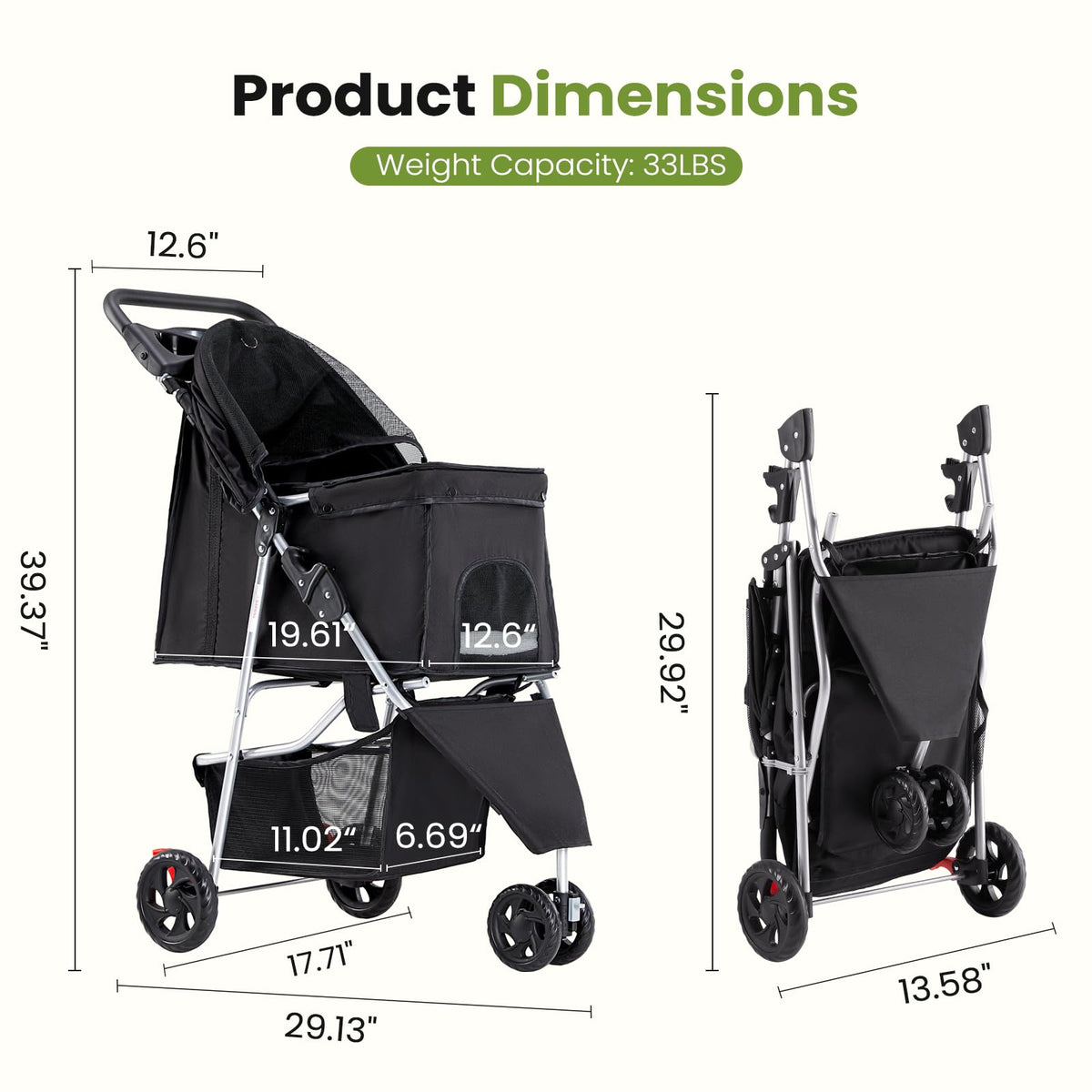 3 Wheels Pet Stroller with Storage Basket and Cup Holder, Black I4384