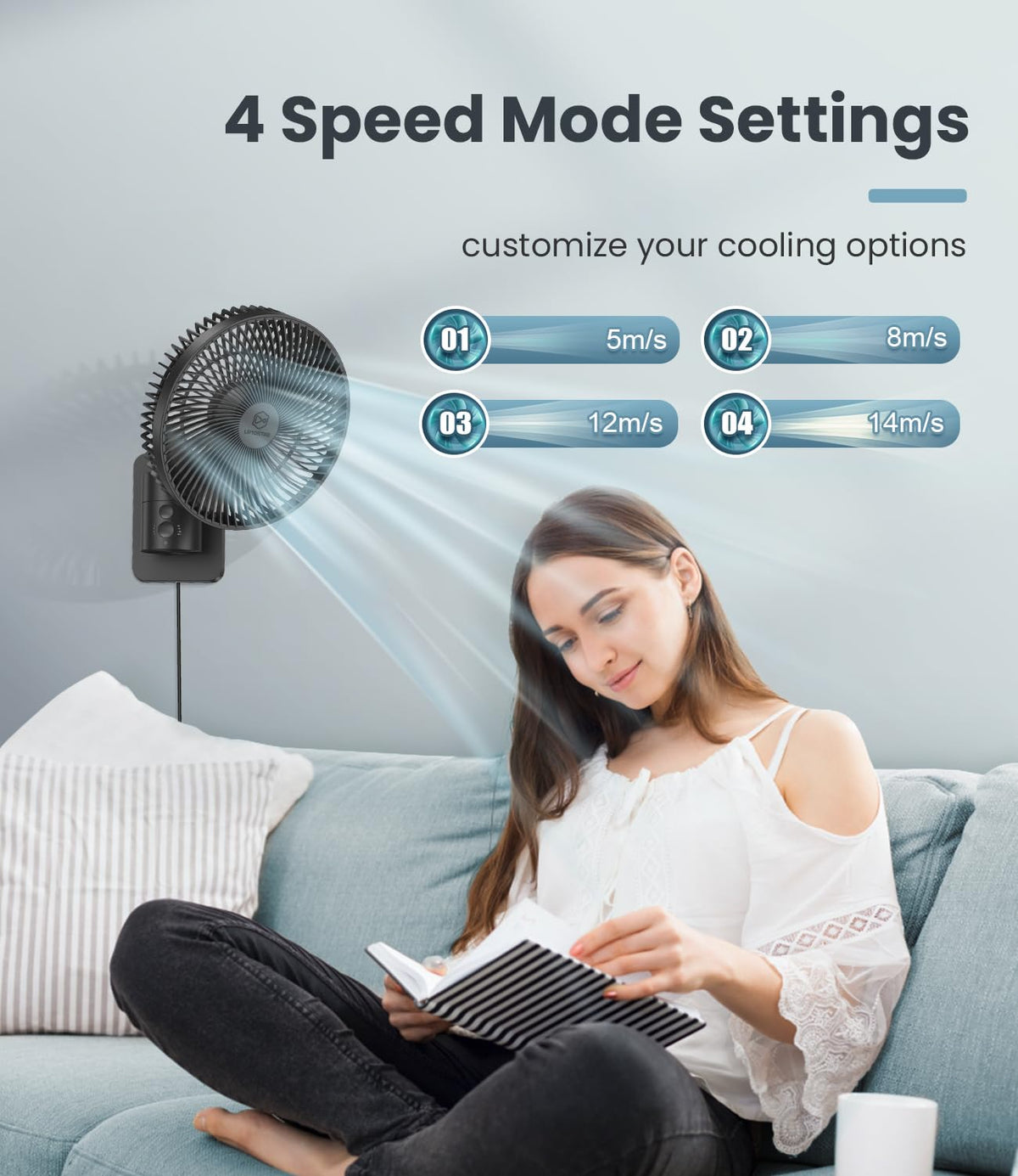 8 Inch Wall Mounted Fan with Remote Control, 4 Speeds, Black Y825