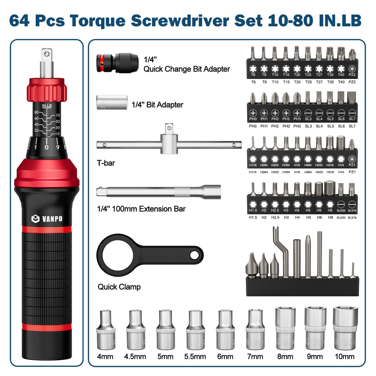Torque Screwdriver, 10–80 in-lb, 64 Pieces P17339