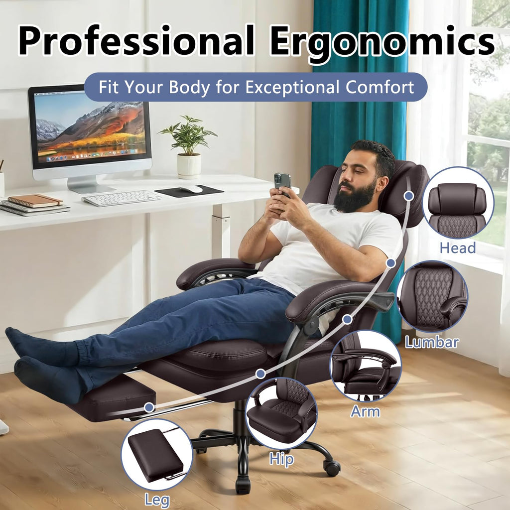 Brown High Back Ergonomic PU Leather Office Chair with Foot-Rest S494