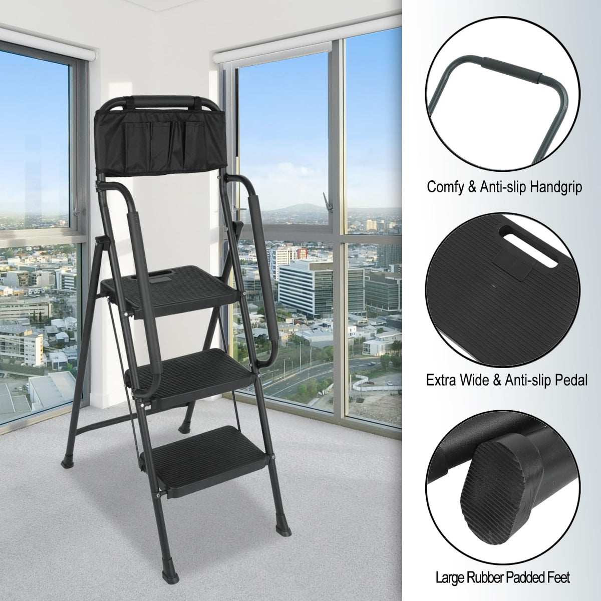3 Step Folding Ladder with Handrails and Tool Bag, 500 lbs, Black E49046