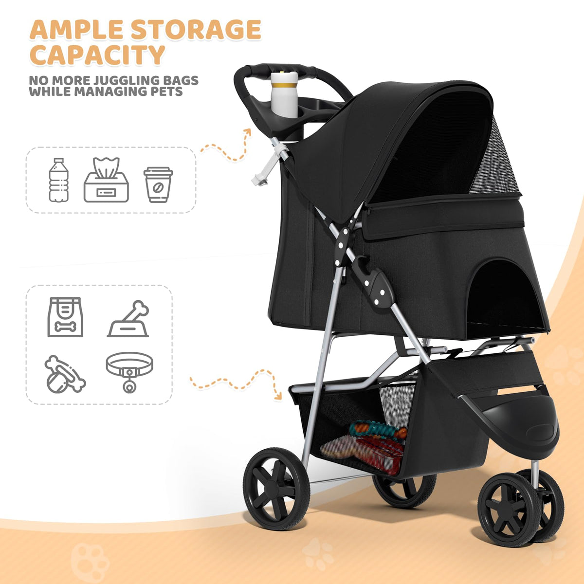 3-Wheel Pet Stroller for Small/Medium Dog Cat, Up to 33lbs, Black A5546