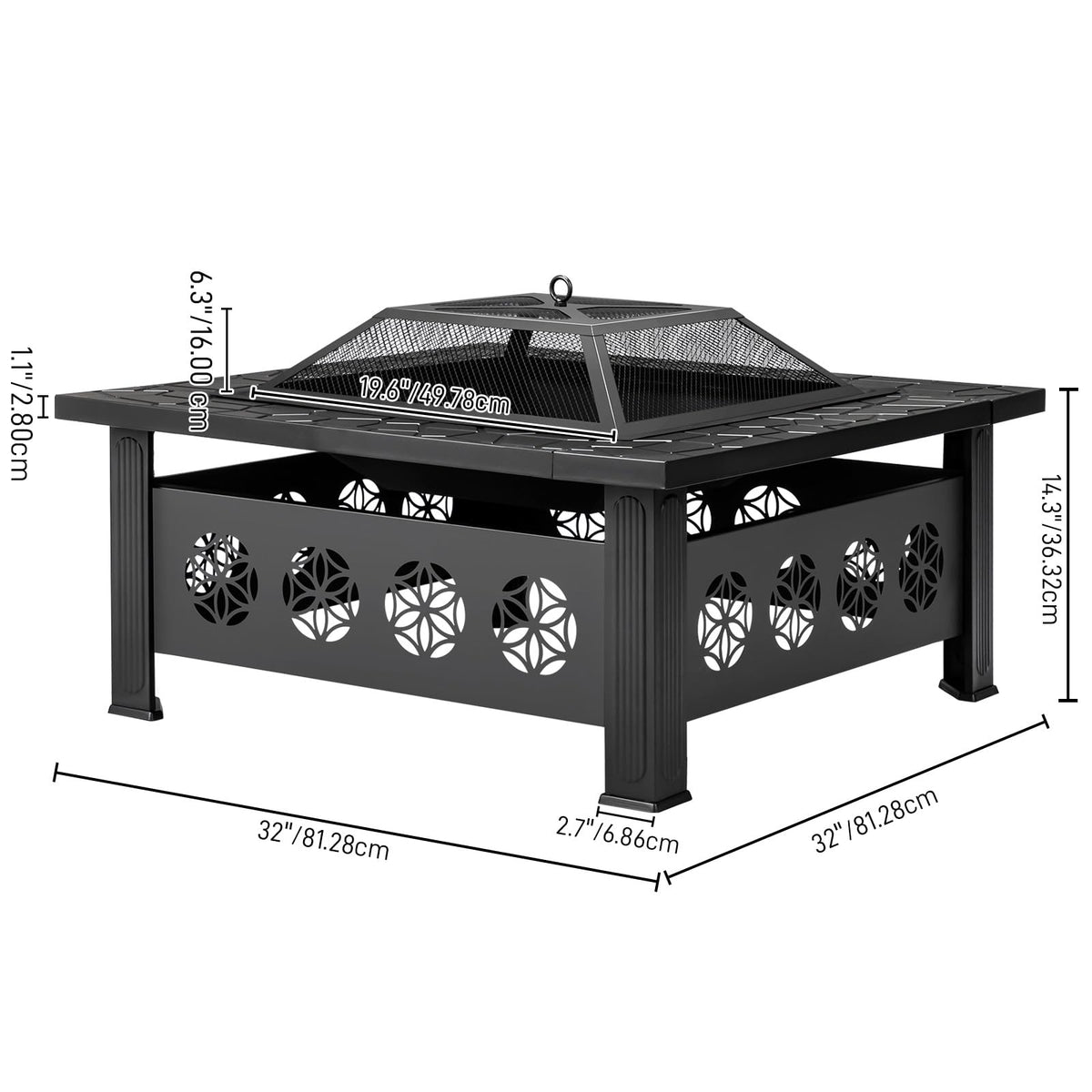 32 Inch Square Wood Burning Fire Pit Table with Spark Screen Lid and Fire Poker T48674