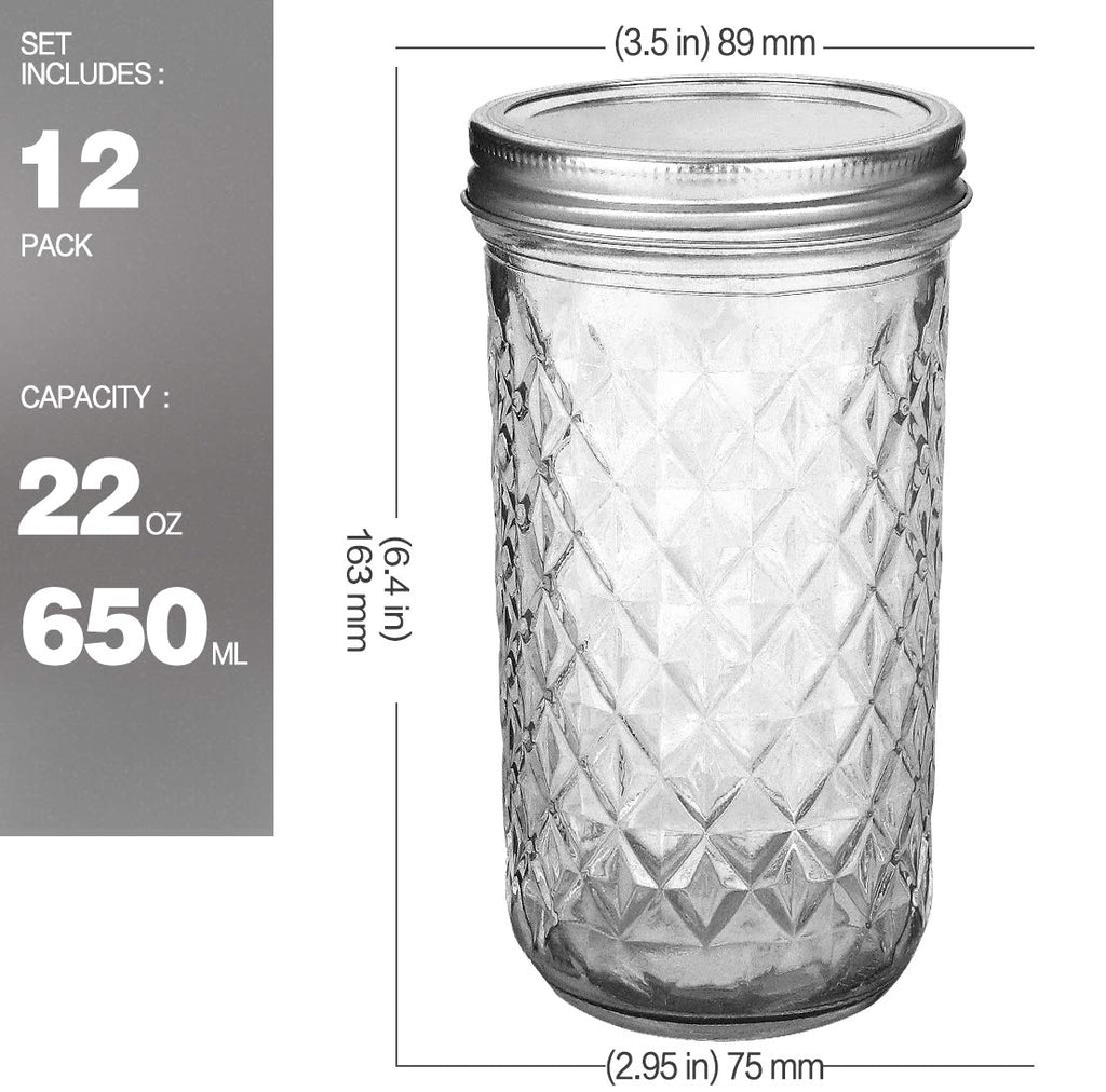 22 oz Wide Mouth Mason Jars with Lids and Bands T955