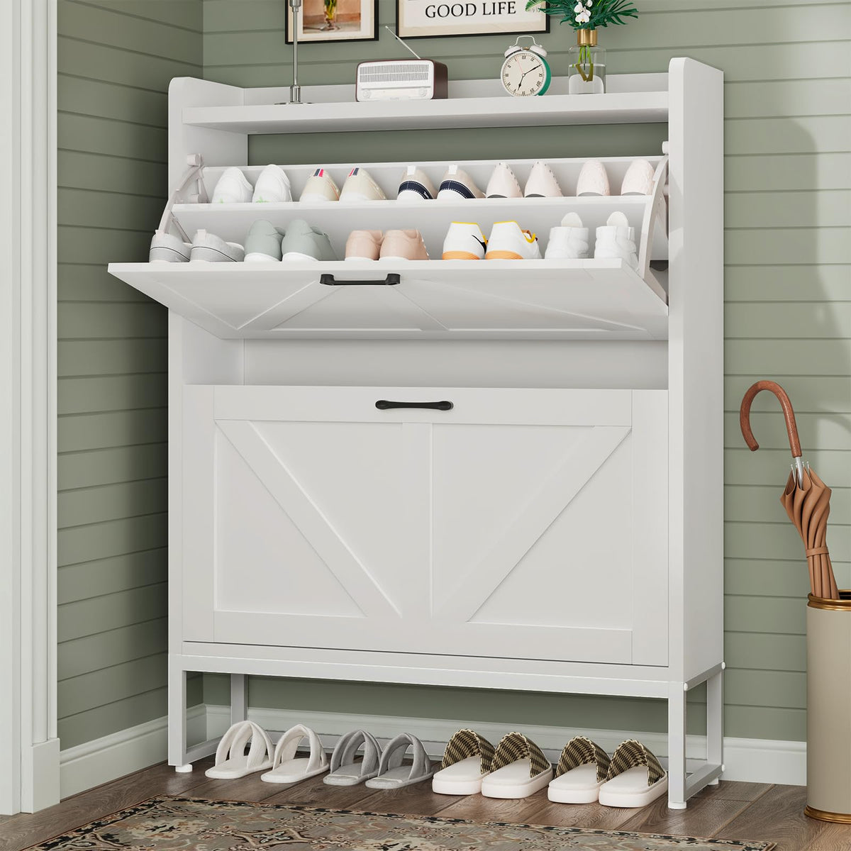 White 2 Flip Drawers Shoe Storage Cabinet R519520