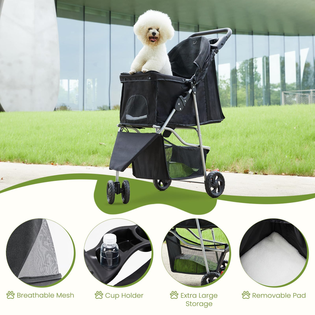 3 Wheels Pet Stroller with Storage Basket and Cup Holder, Black I4384