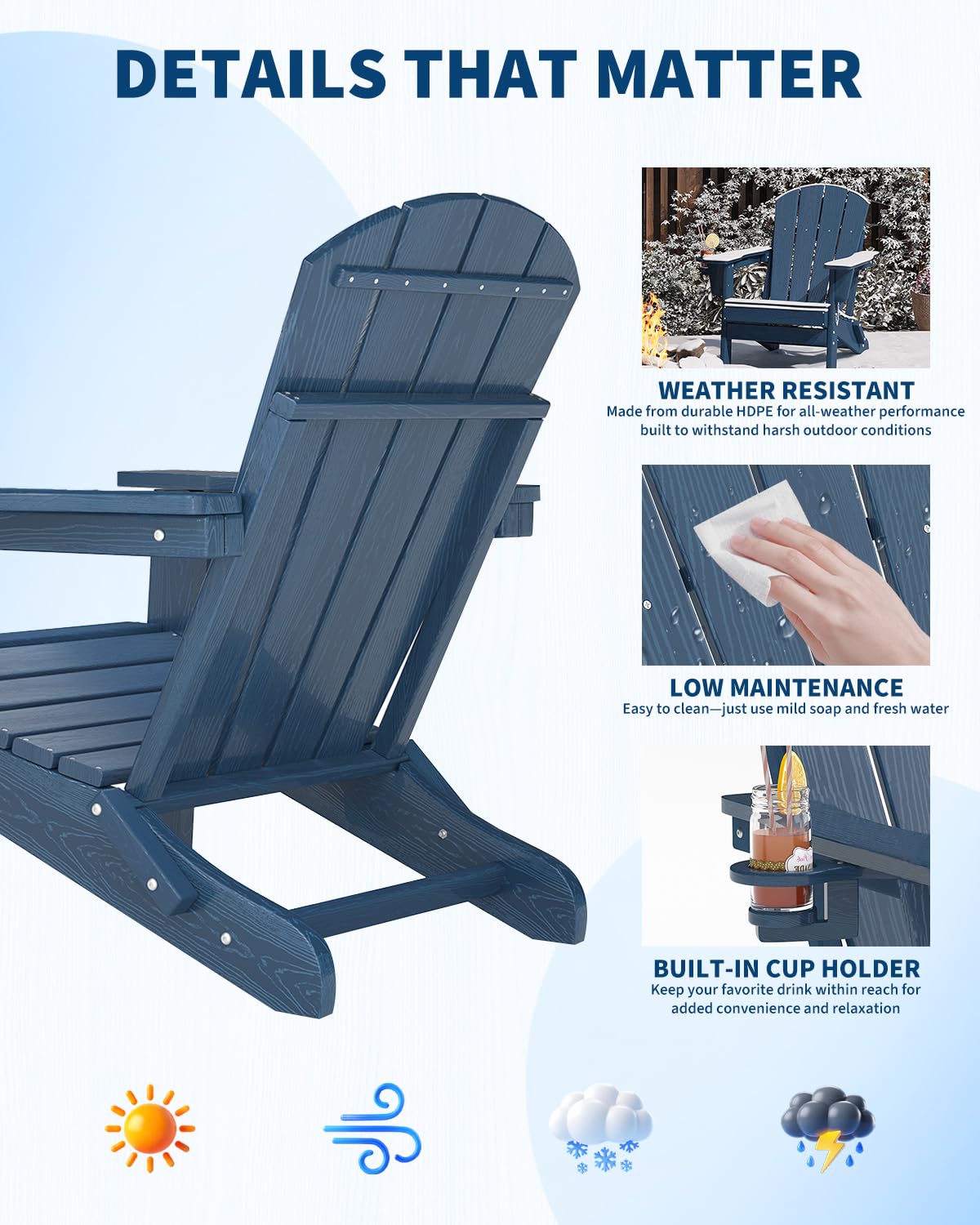 Navy Blue HDPE Folding Adirondack Chair Set of 6 with Cup Holder W3728
