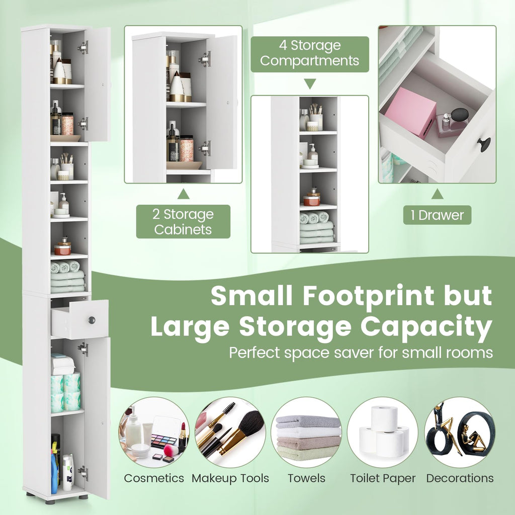 White Tall Slim Bathroom Storage Cabinet with 2 Doors 1 Drawer Q29486