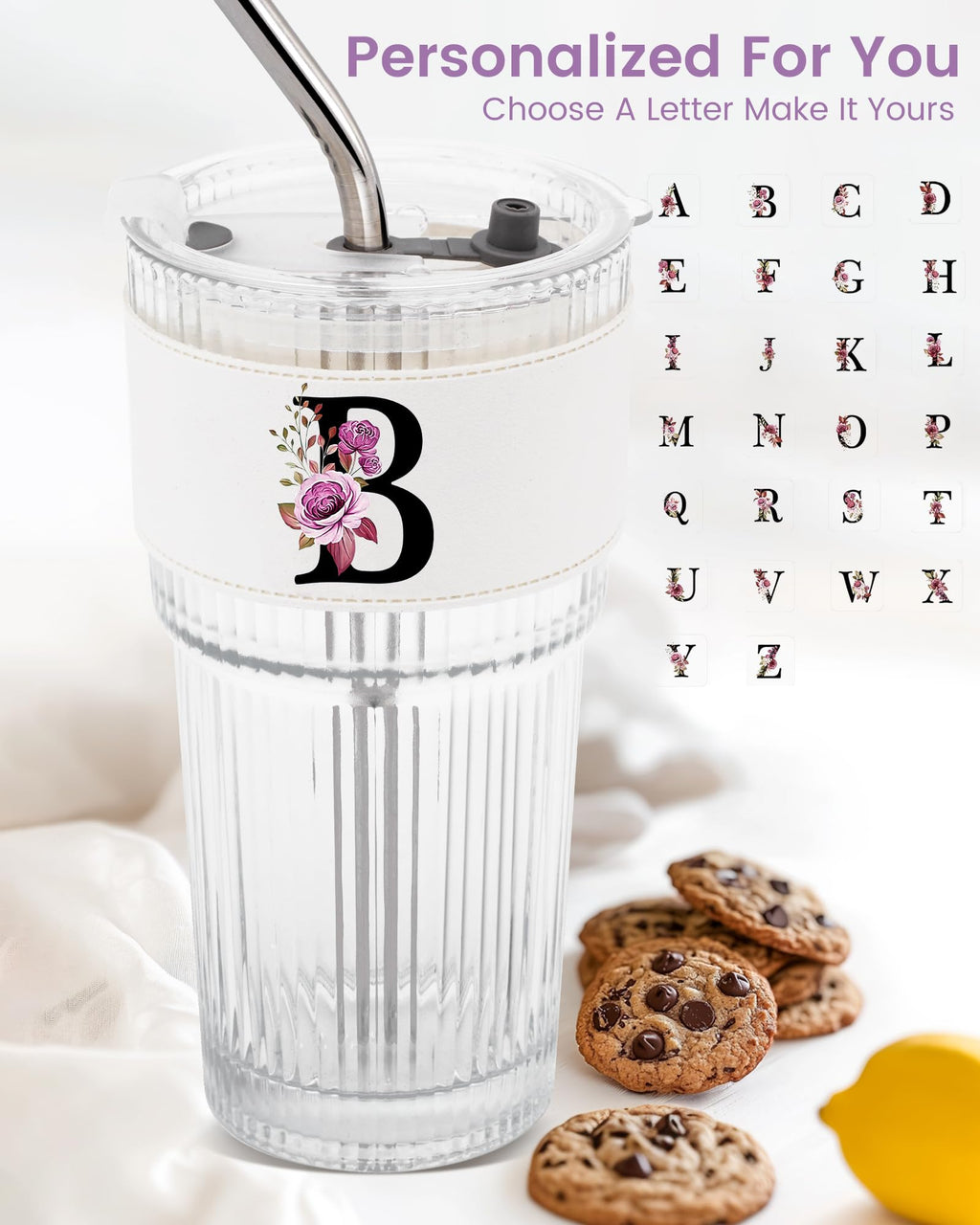 Glass Cup with Lid Straw Clear Tumbler Q3684