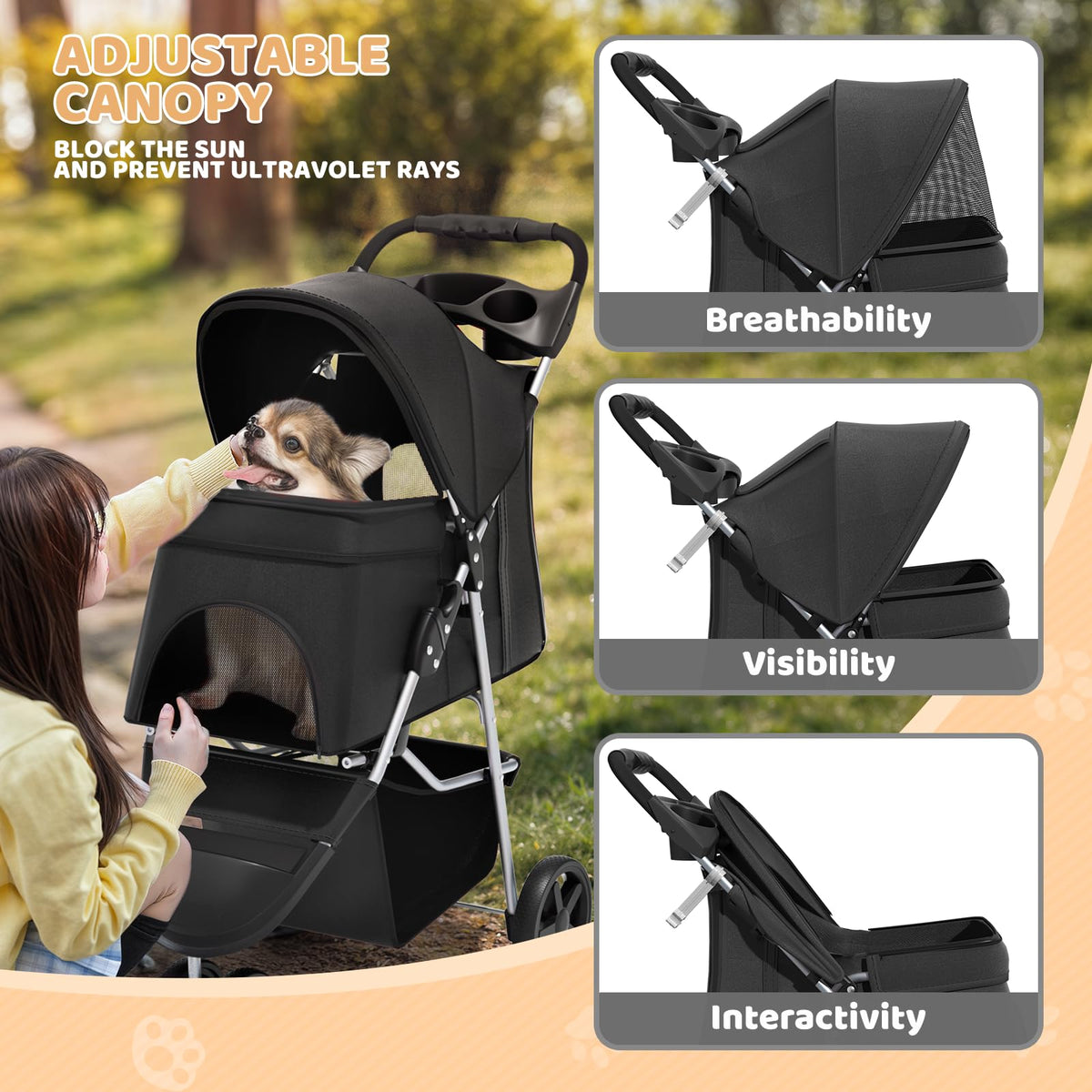 3-Wheel Pet Stroller for Small/Medium Dog Cat, Up to 33lbs, Black A5546