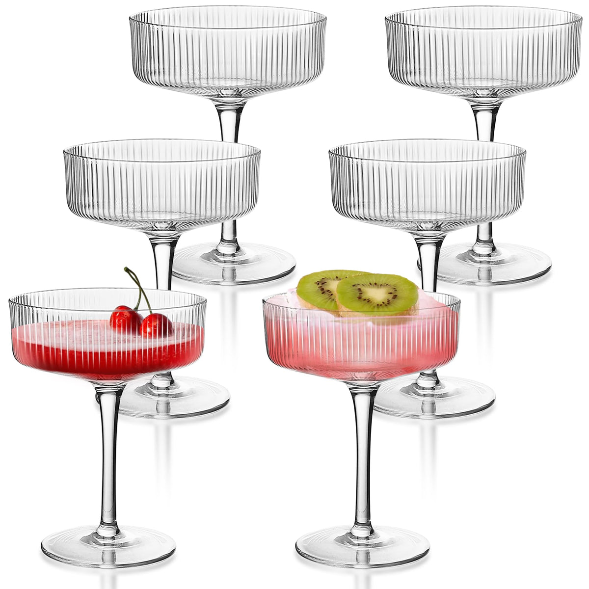 Ribbed Coupe Glasses Set of 6, 9 oz Crystal Cocktail Glassware B9336