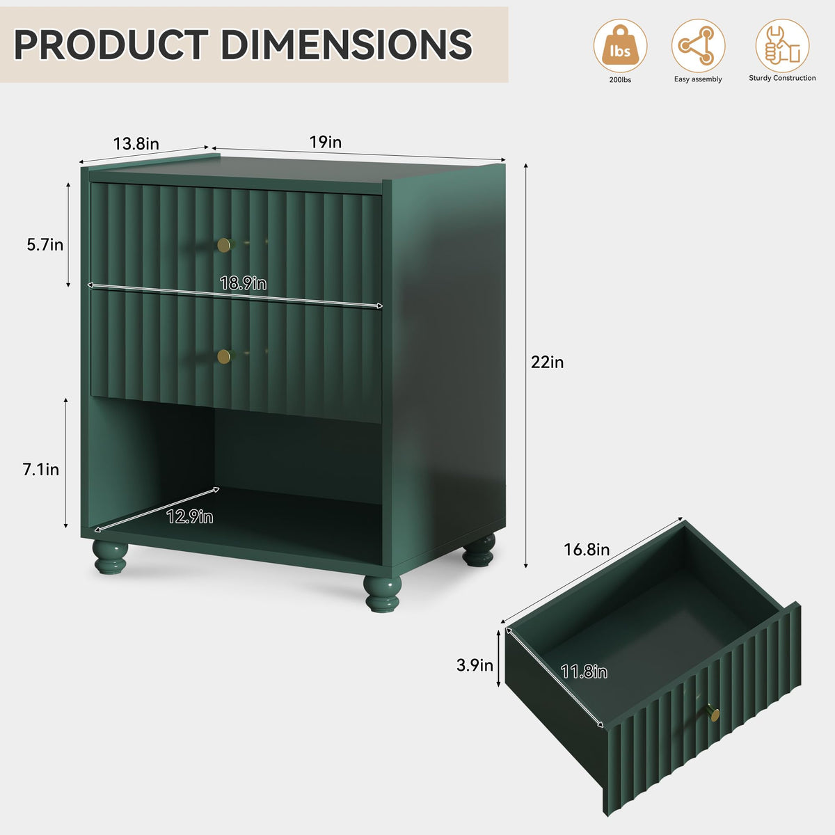 Green 2 Drawer Nightstand with Open Shelf R6871