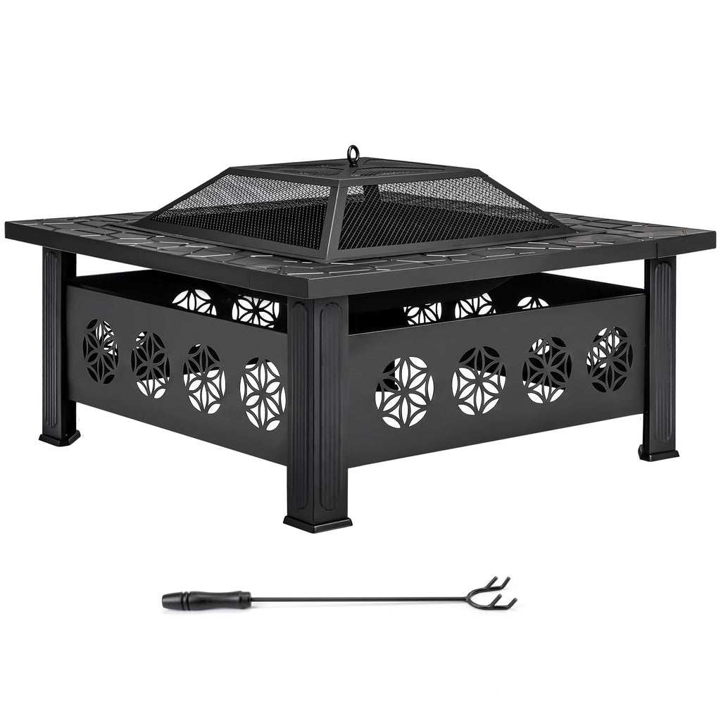32 Inch Square Wood Burning Fire Pit Table with Spark Screen Lid and Fire Poker T48674