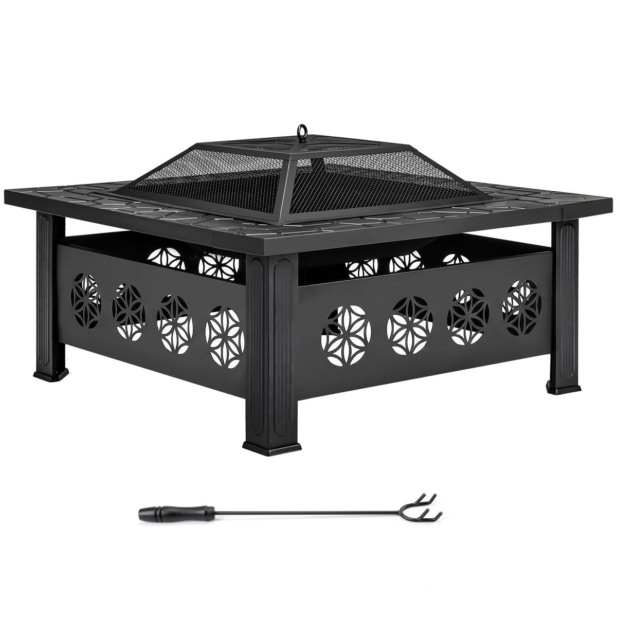 32 Inch Square Wood Burning Fire Pit Table with Spark Screen Lid and Fire Poker T48674
