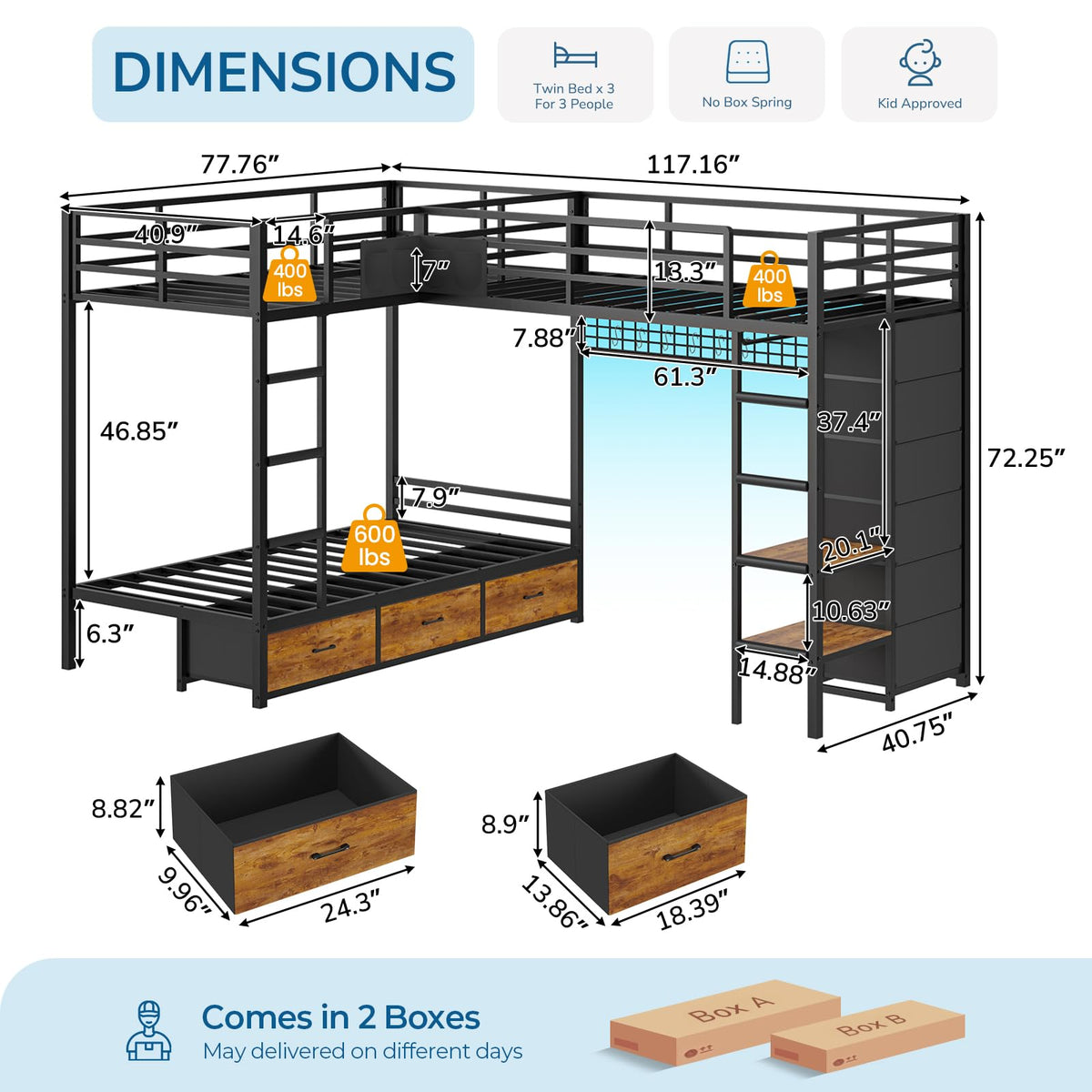 Black Twin Over Twin Triple Bunk Bed with 9 Storage Drawers and LED Lights L7332
