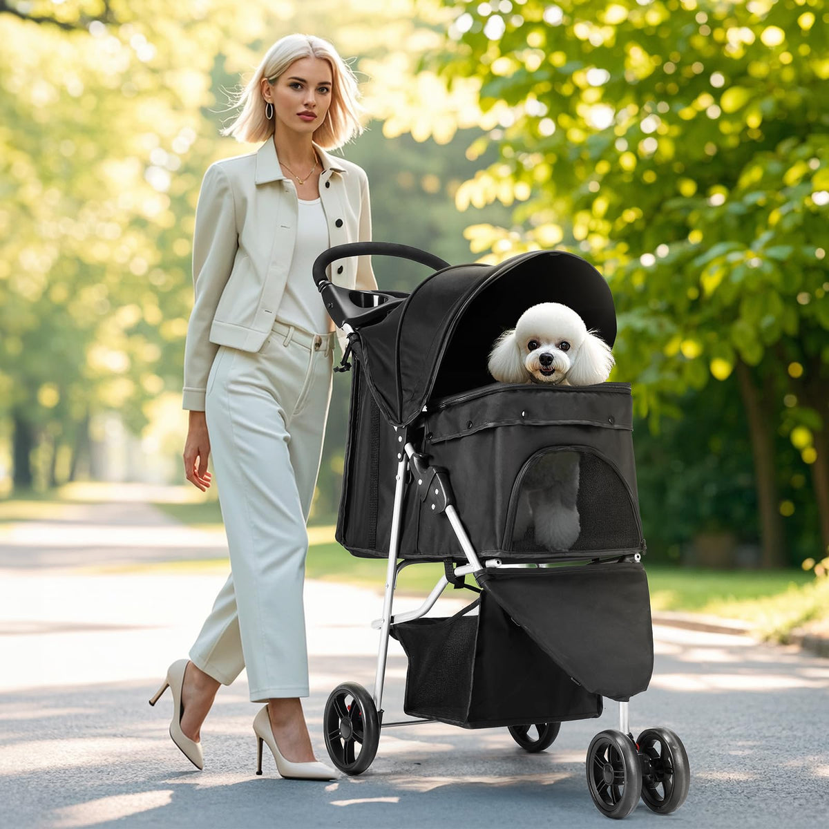 3 Wheels Pet Stroller with Storage Basket and Cup Holder, Black I4384