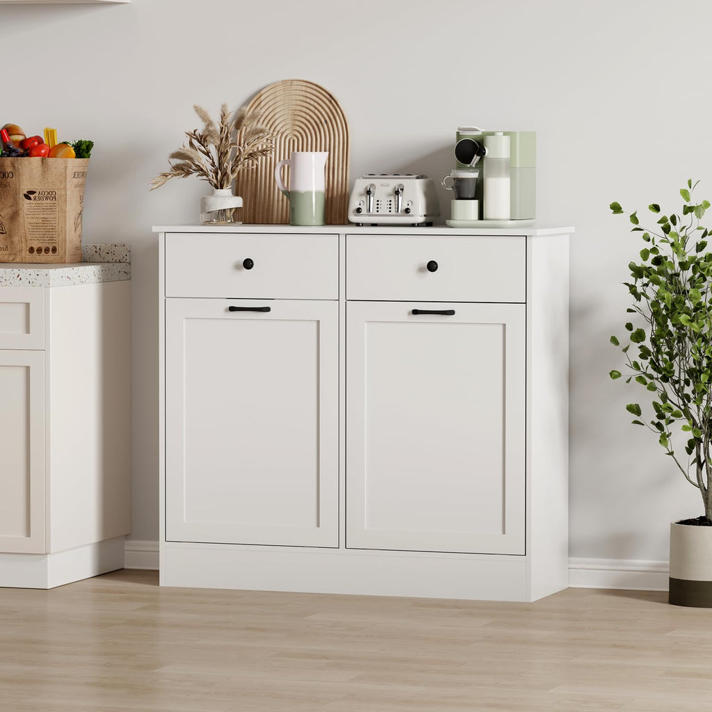 White 20 Gallons Wooden Tilt Out Trash Can Cabinet with 2 Drawers A19339