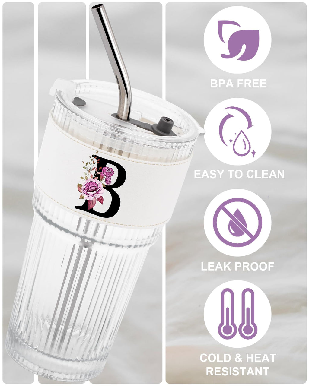 Glass Cup with Lid Straw Clear Tumbler Q3684