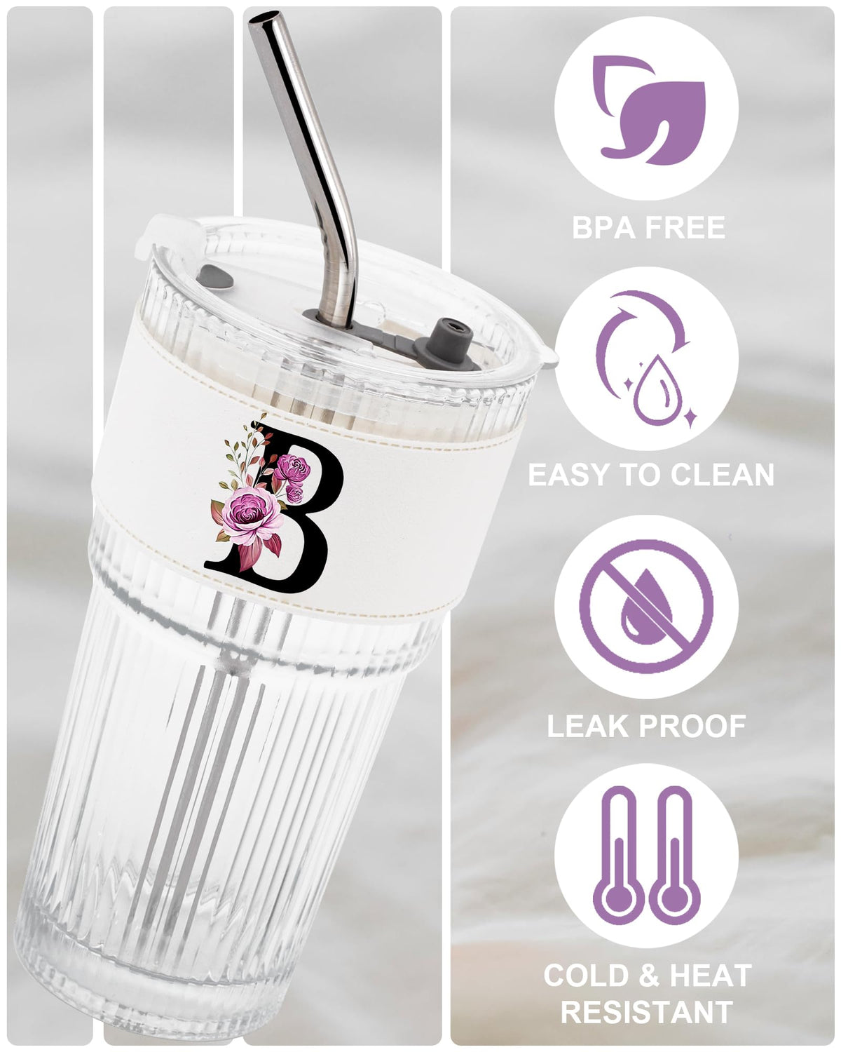 Glass Cup with Lid Straw Clear Tumbler Q3684