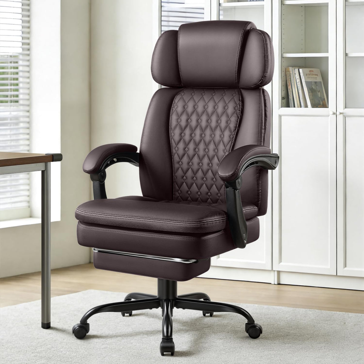 Brown High Back Ergonomic PU Leather Office Chair with Foot-Rest S494