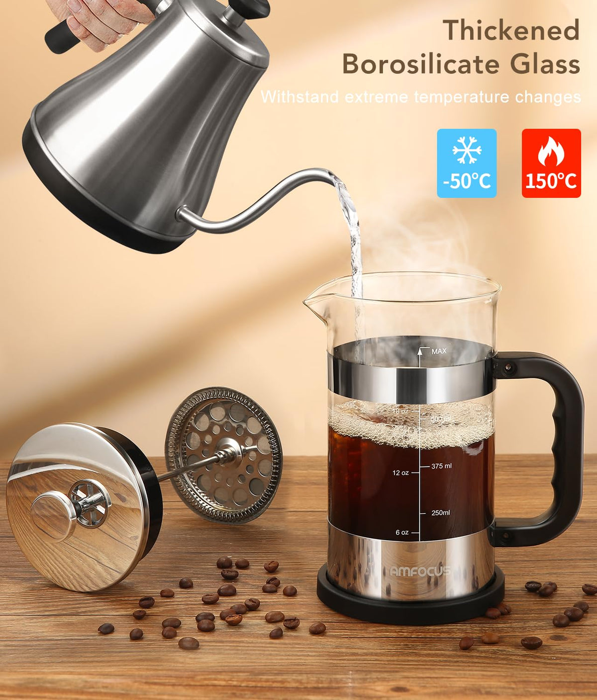 French Press Coffee Maker 21 oz Borosilicate Glass W745