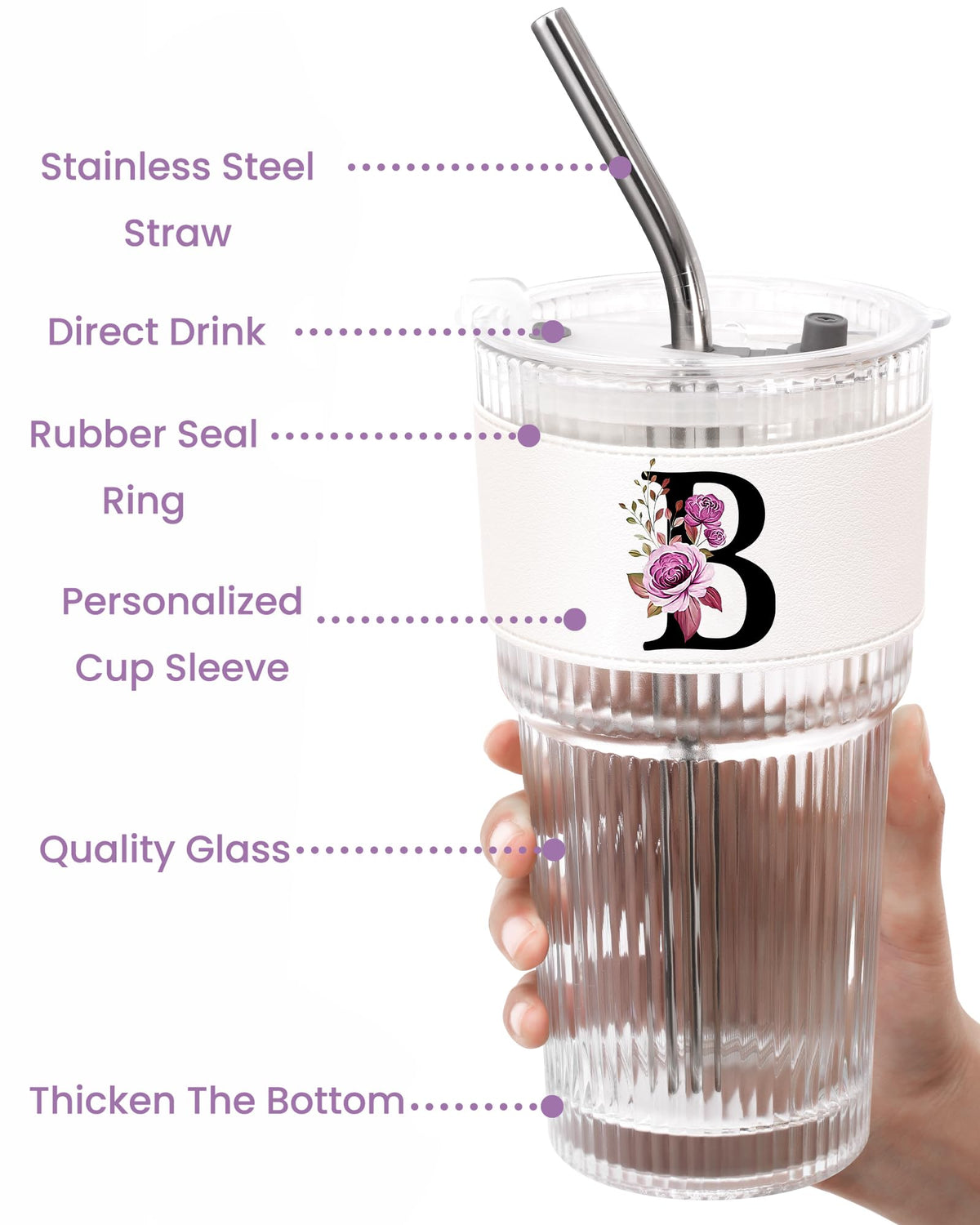 Glass Cup with Lid Straw Clear Tumbler Q3684