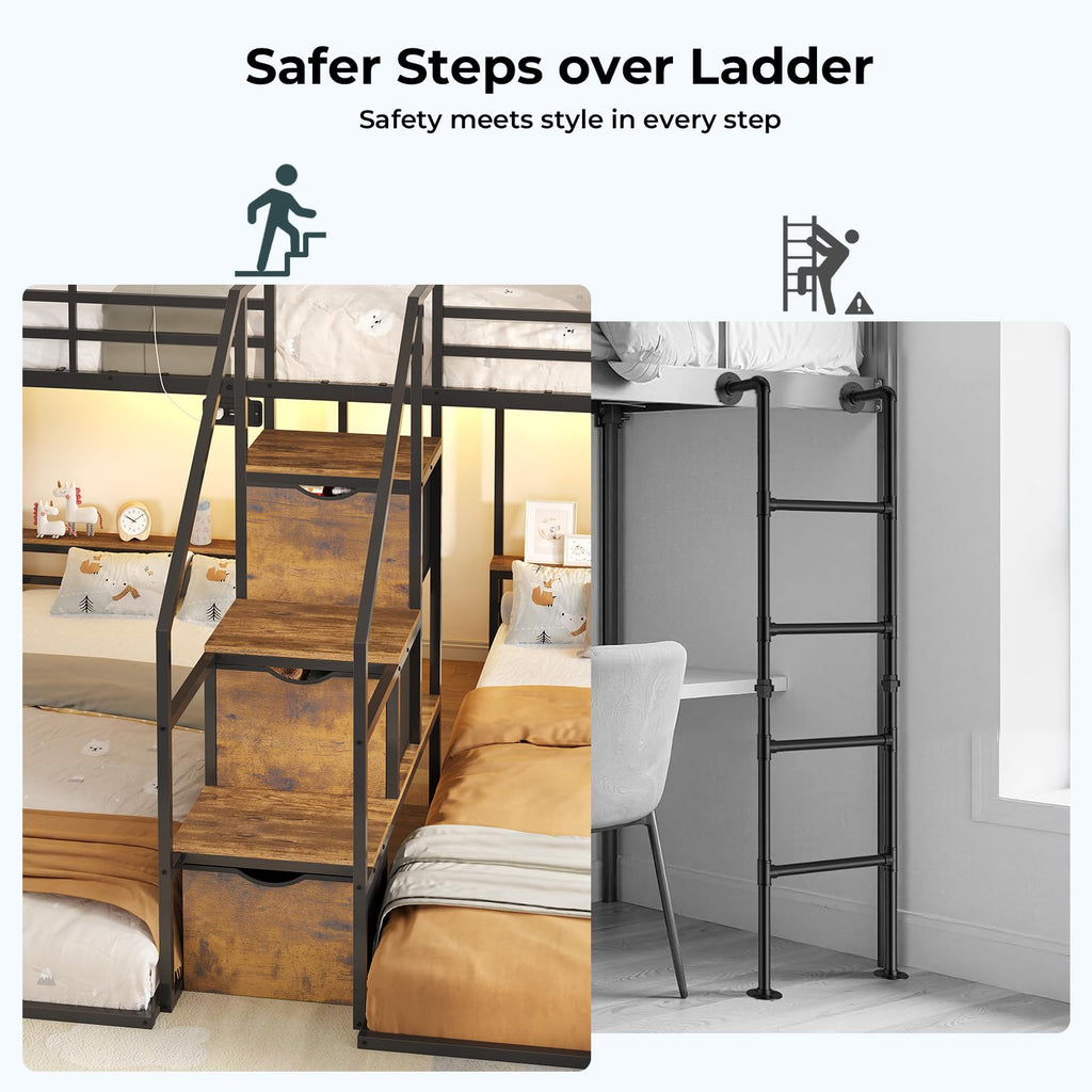 Black Triple Bunk Bed Twin Over Twin with Storage Staircase H2445