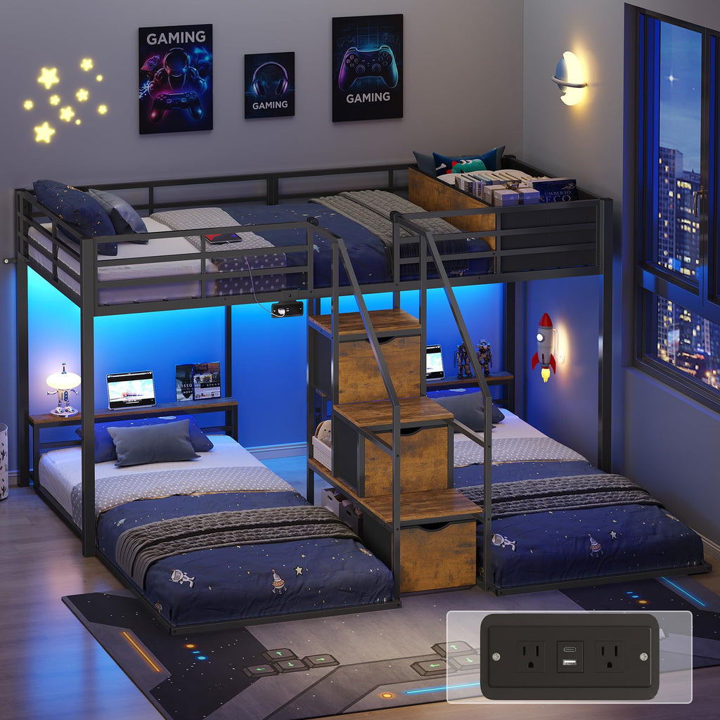 Black Triple Bunk Bed Twin Over Twin with Storage Staircase H2445