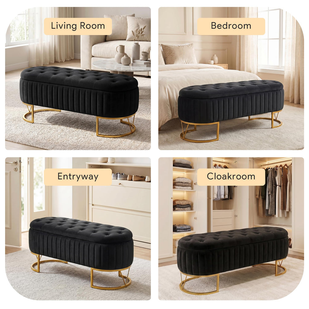Black Velvet Upholstered Storage Bench L422