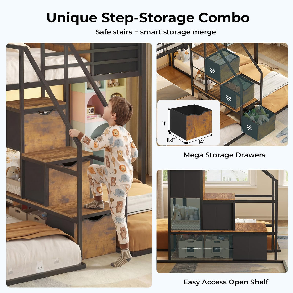 Black Triple Bunk Bed Twin Over Twin with Storage Staircase H2445