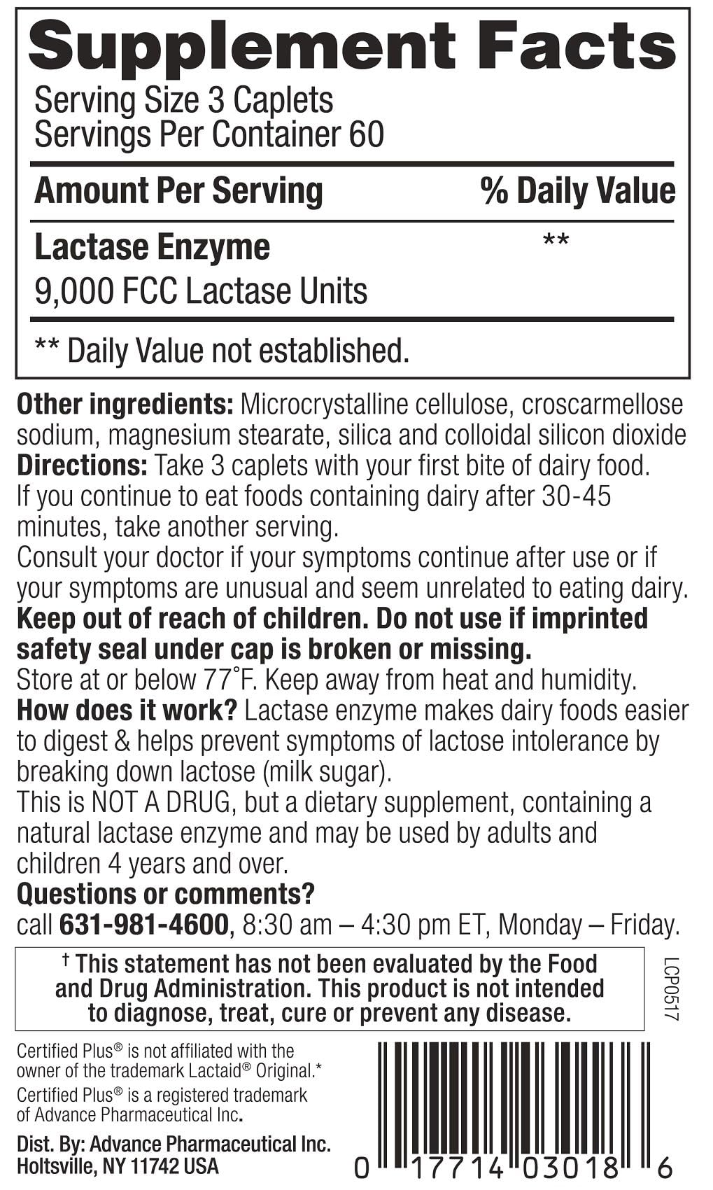 Lactase Enzyme 180 Caplets H202
