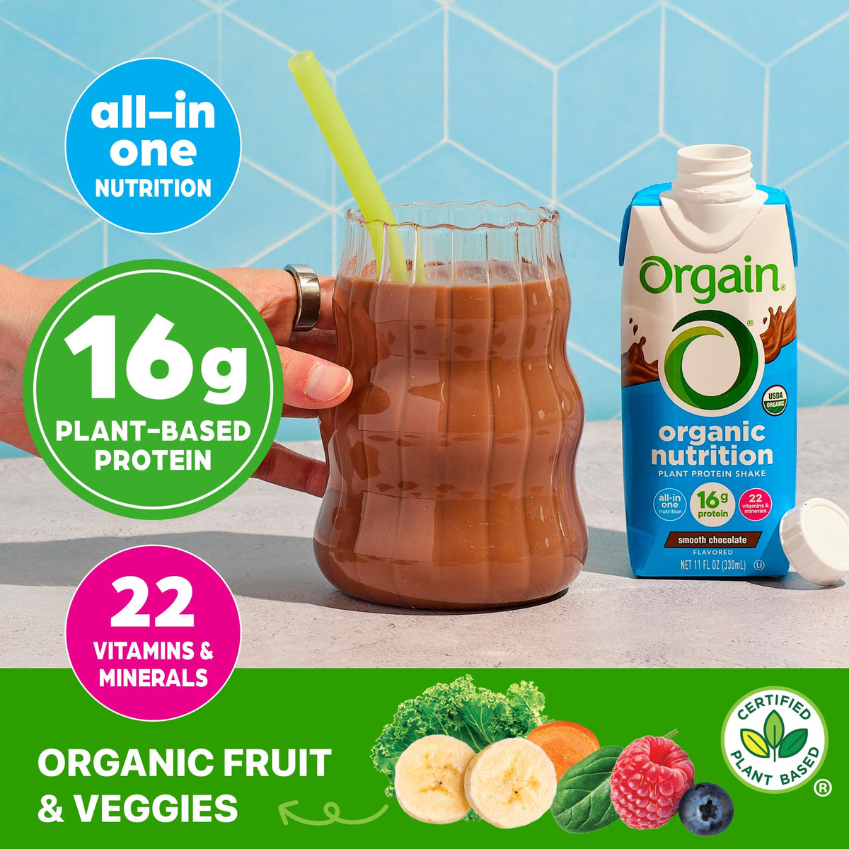Organic Vegan 16g Protein Shake, Chocolate, 11 oz, 12pk R90866