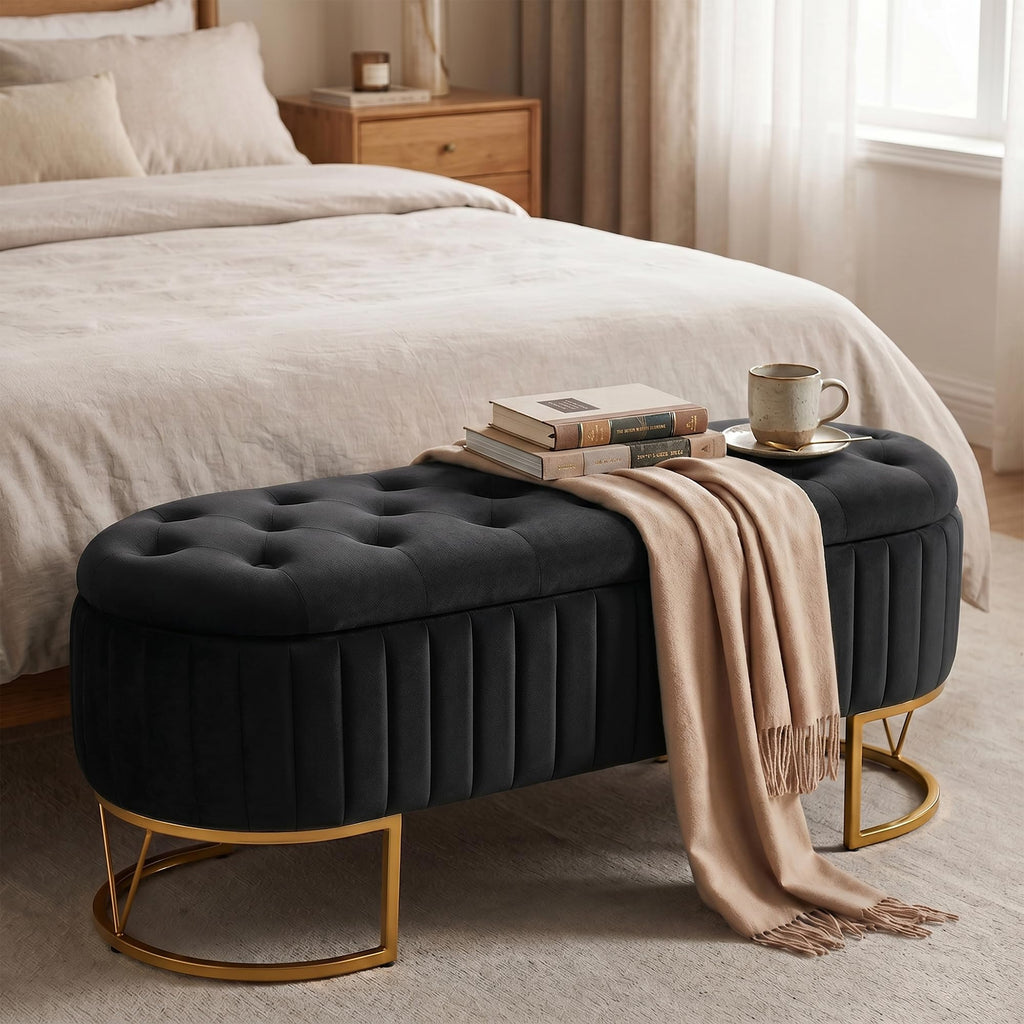 Black Velvet Upholstered Storage Bench L422