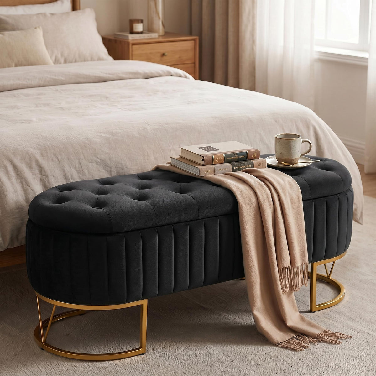 Black Velvet Upholstered Storage Bench L422