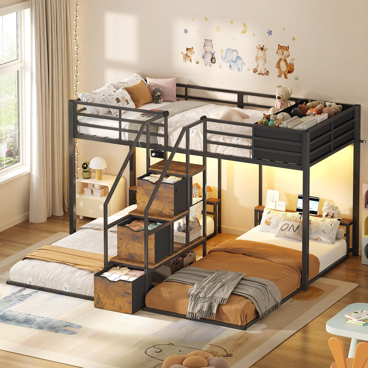 Black Triple Bunk Bed Twin Over Twin with Storage Staircase H2445