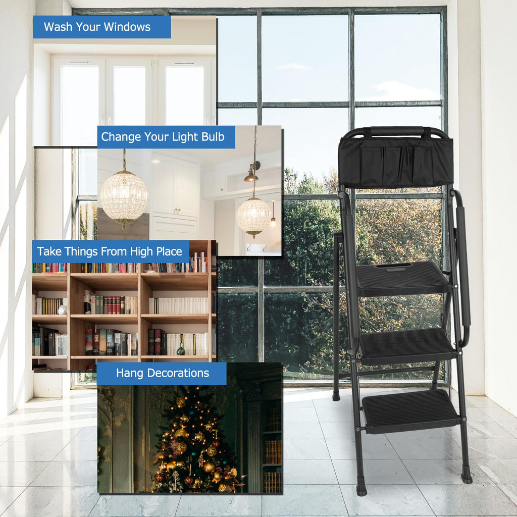 3 Step Folding Ladder with Handrails and Tool Bag, 500 lbs, Black E49046