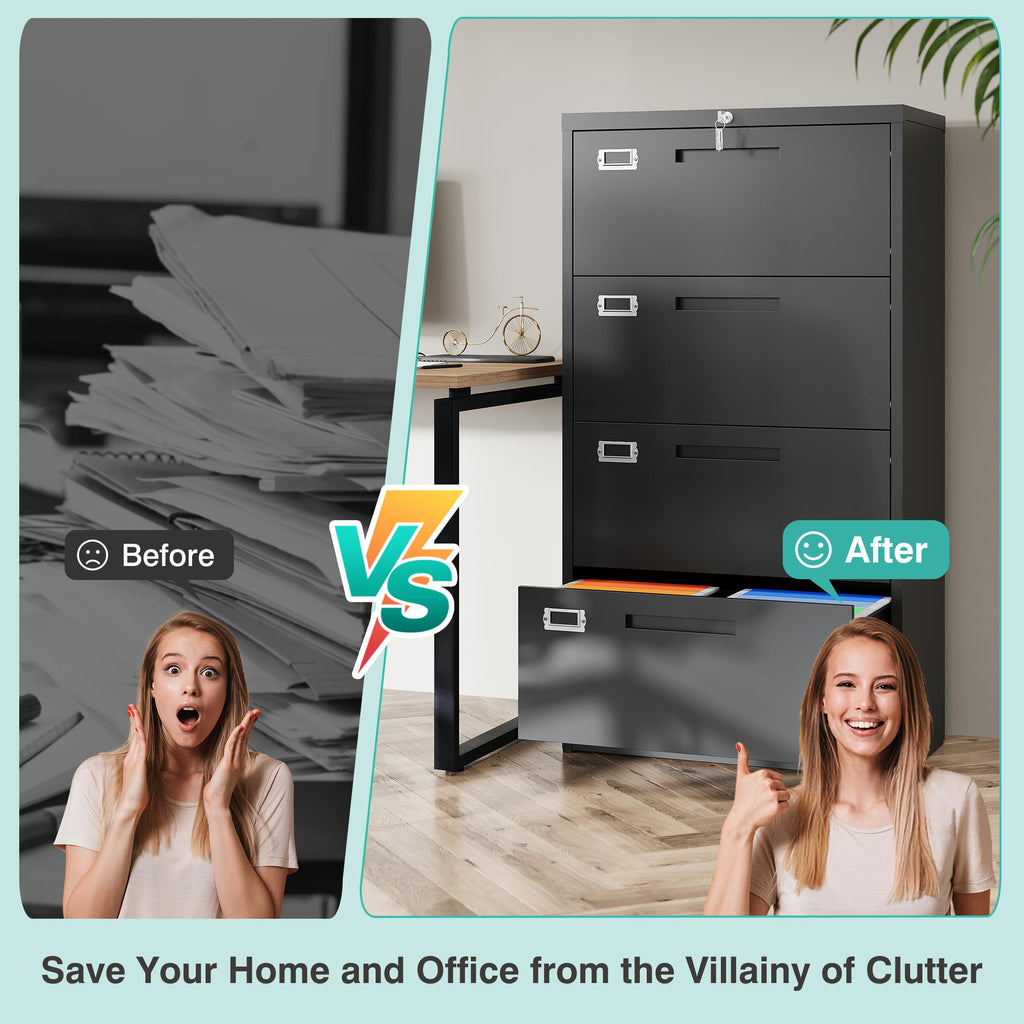 Black 4 Drawer Metal Lateral File Cabinet with Lock H2820