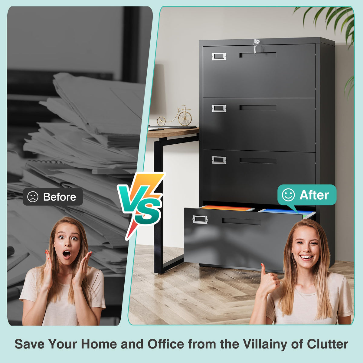 Black 4 Drawer Metal Lateral File Cabinet with Lock H2820