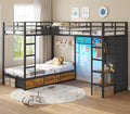 Black Twin Over Twin Triple Bunk Bed with 9 Storage Drawers and LED Lights L7332