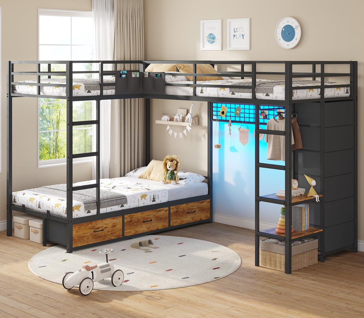 Black Twin Over Twin Triple Bunk Bed with 9 Storage Drawers and LED Lights L7332