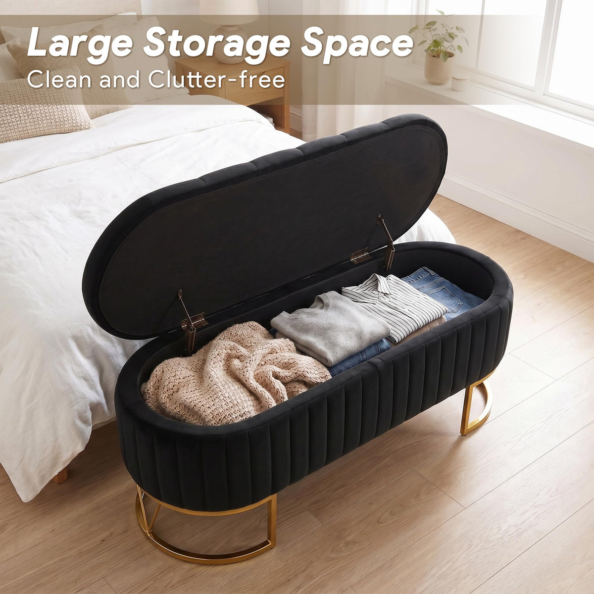 Black Velvet Upholstered Storage Bench L422