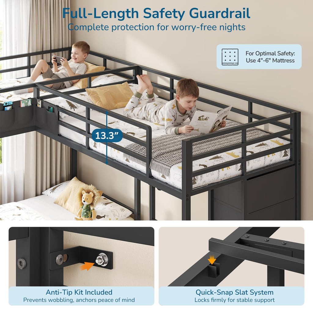 Black Twin Over Twin Triple Bunk Bed with 9 Storage Drawers and LED Lights L7332